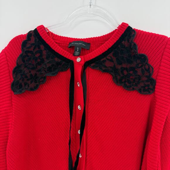 H HALSTON Womens Lace Yoke Wool Blend Cardigan Size L Red Black Whimsygoth - Picture 2 of 8